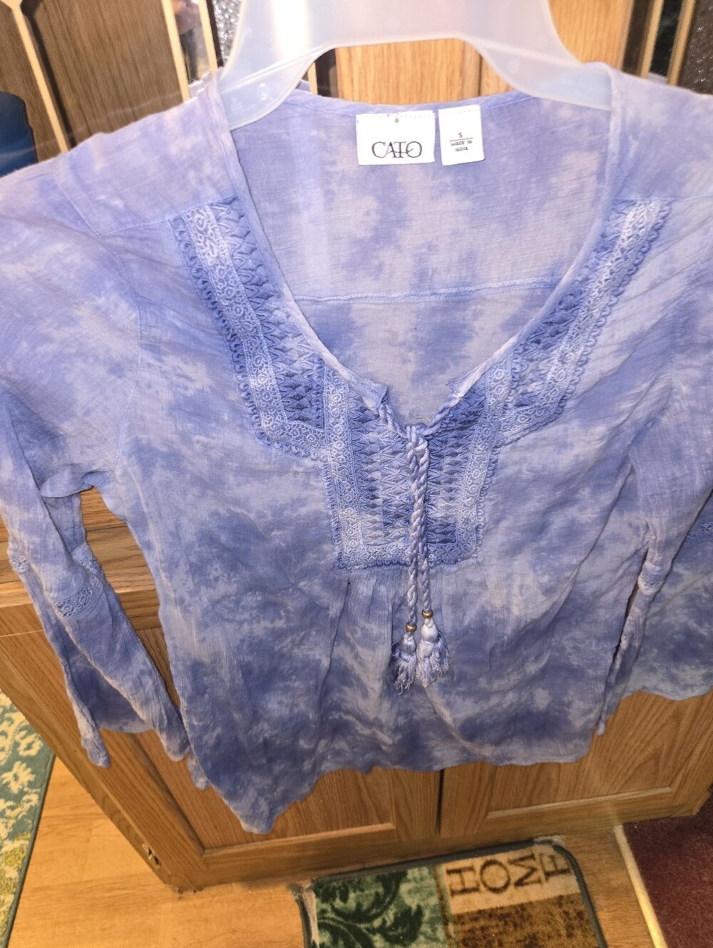 Cato Lavender Blue Tie-Dye Embroidered Peasant Tunic